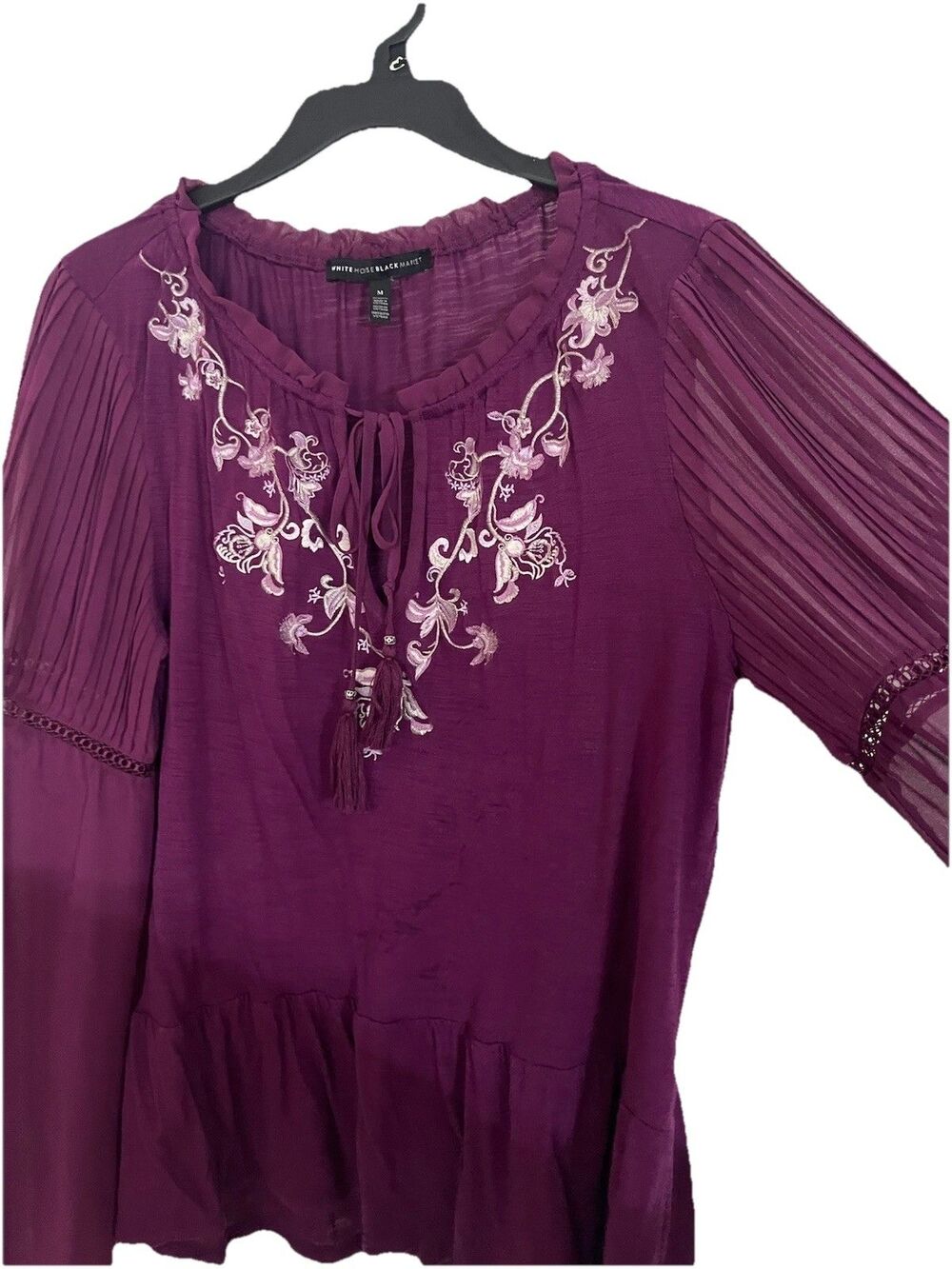 White House Black Market pleated sleeve embroidered top Whimsigoth Boho Size M - Picture 3 of 7